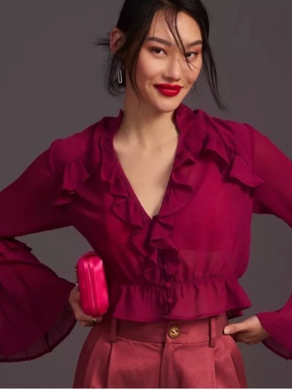 Anthropologie magenta bell, long sleeve cropped top w/ ruffle details, M